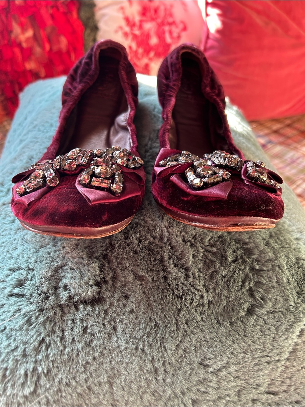 Tory Burch Plum Velvet Jeweled Bow Ballet Flats - Picture 6 of 7